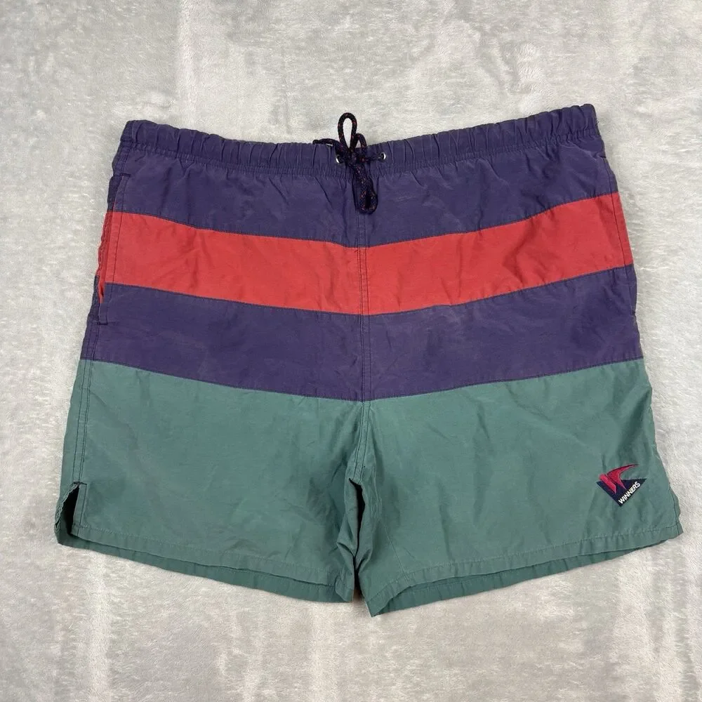 Winners Colorblock Swim Trunks Shorts Vintage 90s Teal Purple Red Medium
